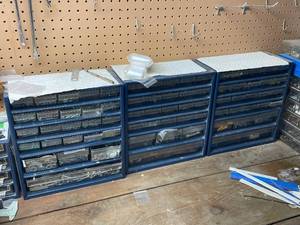 lot 230 image: Set of 3 Blue Plastic Storage Drawer Cabinets with Assorted Hardware