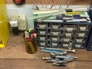 lot 235 image: Assorted Hand Tools, Rivet Gun, Organizers and Drawing Supplies Lot