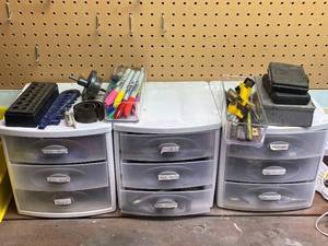 lot 242 image: Workshop Storage Drawer Set with Hand Tools, Drill Bits, and Accessories