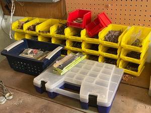 lot 245 image: Collection of Assorted Nails, Screws, Hardware Bins, and Organizers