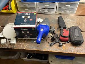 lot 247 image: Mixed Lot LED Floodlights, Handheld Vacuum, Cases, and Chargers