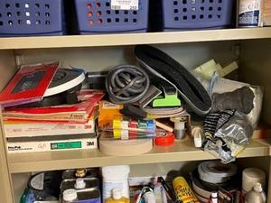 lot 251 image: Collection of Workshop Supplies Including Sandpaper, Tape, Foam, and Steel Wool