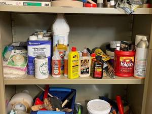 lot 252 image: Workshop Supply Lot with Adhesives, Solvents, Tapes, and Brushes