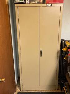 lot 254 image: Tall Metal Storage Cabinet with Shelves and Locking Doors, 64x30x16 Inches Contents not included