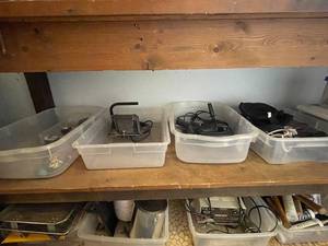 lot 255 image: Assorted Vintage Small Power Tools and Accessories in Storage Bins