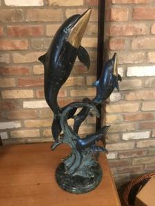 San Pacific Intl Dolphin Bronze Sculpture with Marble Base, 29 Inch