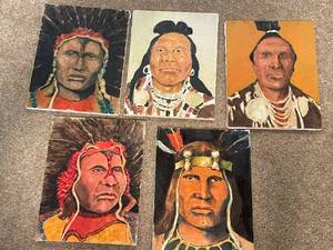 lot 301 image: Set of 5 Original Native American Portrait Paintings on Canvas