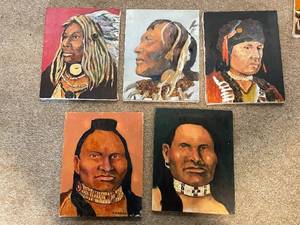 lot 302 image: Collection of 5 Native American Portrait Paintings on Canvas