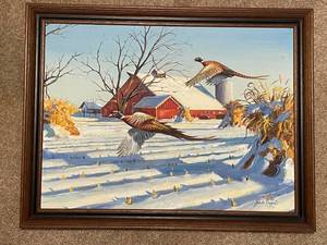 lot 309 image: John Green 1970 Signed Winter Farm Scene Painting with Pheasants