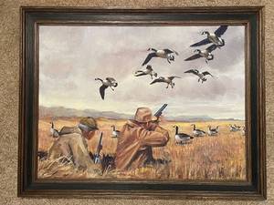 lot 310 image: Framed Goose Hunting Oil Painting with Hunters in Field