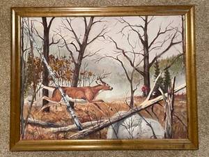 lot 311 image: Framed Painting of Deer in Autumn Forest Scene