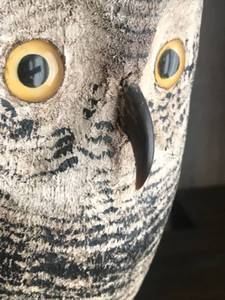 lot 333 image: Vintage Hand-Painted Mixed Media Owl Decoy on Wood Stand including Animal Claw Nose