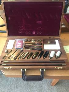 lot 335 image: Vintage Wooden Gun Cleaning Kit with Brass and Wood Accessories