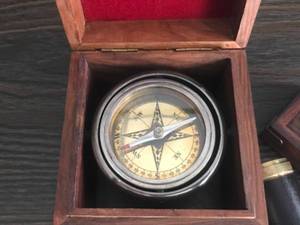 lot 343 image: Vintage Style Compass and Telescope Set in Wooden Boxes