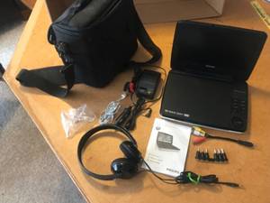 lot 351 image: Philips Portable DVD Player Set with Headphones, Charger, Cables and Case