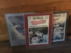 lot 404 image: Set of 3 Framed Vintage Star Tribune Newspaper Covers and Sports Posters