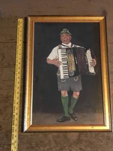 lot 408 image: Framed Artwork of Accordian Player in Traditional German Attire