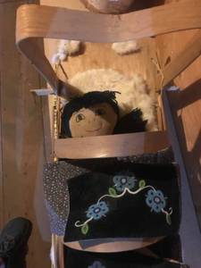 lot 418 image: Handcrafted Wooden Doll Cradle with Doll and Embroidered Quilt
