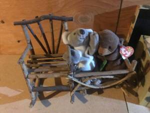 lot 419 image: Twig Doll Bench with TY Beanie Baby Bear, Plush Koala, and Decorative Box