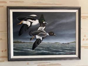 lot 25 image: Framed R. Schiebel 1993 Duck Hunting Oil Painting 34x25 Inches