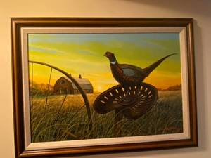 lot 33 image: Richard Schiebel 2001 Framed Pheasant Barn Landscape Painting 34x27