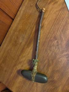 lot 35 image: Vintage Native American Stone Hammer with Wood Handle and Leather Binding