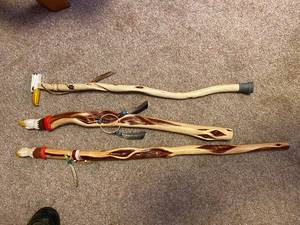 lot 37 image: Set of 3 Hand-Carved Eagle Head Walking Sticks with Feathers and Dreamcatcher
