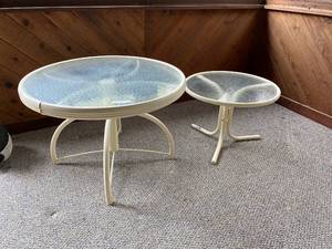 lot 72 image: Set of 2 Round Glass Top Outdoor Patio Tables