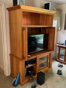 lot 141 image: Solid Wood Entertainment Center Cabinet with Glass Doors, 78x46x25 Inches Contents not included