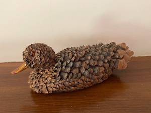 lot 154 image: Handcrafted Pinecone Duck Sculpture with Signed Base