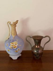lot 155 image: Pair of Decorative Antique Vases - Hand-Painted Porcelain and Metal