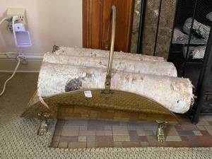 lot 158 image: Brass Fireplace Log Holder with Claw Feet and Birch Logs