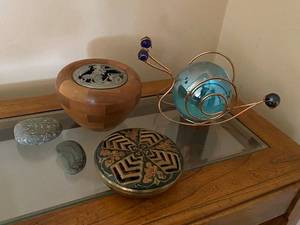 lot 159 image: Lot of Decorative Boxes, Sculpted Stone, and Abstract Glass Art Sculpture