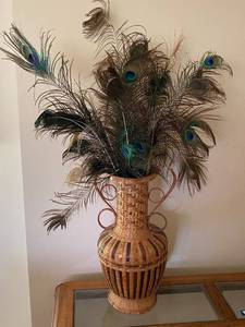 lot 161 image: Large Woven Basket Vase with Decorative Peacock Feathers