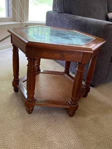 lot 171 image: Hexagonal Wood and Glass Side Table with Lower Shelf