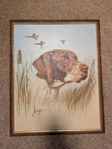 lot 312 image: Artist Signed Hunting Dog Painting with Waterfowl
