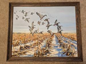 lot 314 image: Framed Signed Artwork of Geese Over Cornfield by John