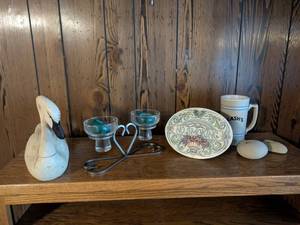 lot 321 image: Decorative Collection with Wooden Swan, No Smoking Plaque, Lashs Mug, and Candle Holders