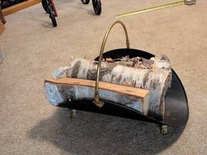 lot 330 image: Vintage Metal Fireplace Log Holder with Brass Handle and Ornate Feet