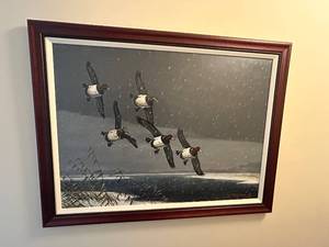 lot 355 image: Framed R.Schiebel 2002 Painting of Redhead Ducks in Flight