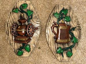 lot 399 image: Pair of Vintage Wall Plaques with Coffee Grinder and Kettle Designs