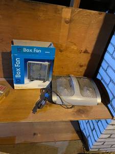 lot 421 image: 10 Inch Box Fan with Box and HoMedics Shiatsu Pro Foot Massager