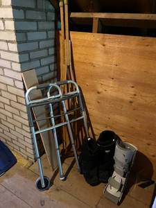 lot 433 image: Mobility Aid Set Including Walker, Wooden Crutches, and Walking Boots
