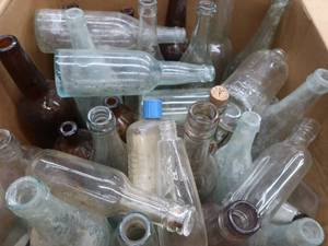 lot 89A image: LARGE BOX OF ASSORTED ANTIQUE  VINTAGE BOTTLES.