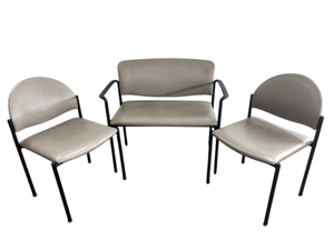 lot 8 image: MSRP $4000 Set Of 3 National TAG Square Upholstered Back Support Chairs Including Bariatric Seat Bench  Heavy-Duty Steel Frame & High-Density Foam Cushion  Excellent Condition