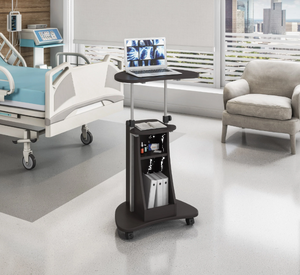 lot 4 image: Techni Mobili Sit-to-Stand Rolling Adjustable Height Laptop Cart with Storage - Open Storage Compartment, Accessory Shelf, Locking Double-Wheel Non-Marking Casters - Great Condition