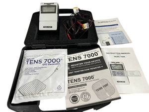 lot 35 image: TENS 7000 with Case, Replacement Unit Electrodes, and Manual - Dual-Channel Digital Unit, 5 Therapy Modes with Adjustable Pulse Rate, Width, and Timer - Great Condition