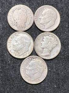 lot 29 image: GROUP OF 5 US SILVER DIMES