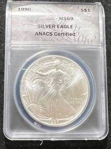 lot 36 image: 1990 AMERICAN SILVER EAGLE ANACS MS69