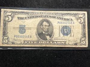 lot 96 image: 1934C US BLUE SEAL $5 SILVER CERTIFICATE